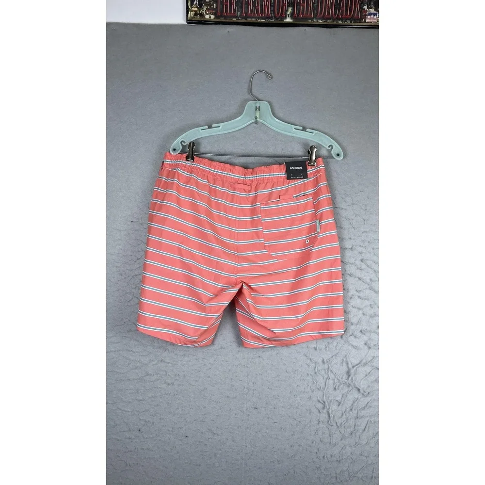 Bonobos Shorts Mens Medium Pink Stripe 7 Inseam Swim Trunks Quick Dry Drawstring